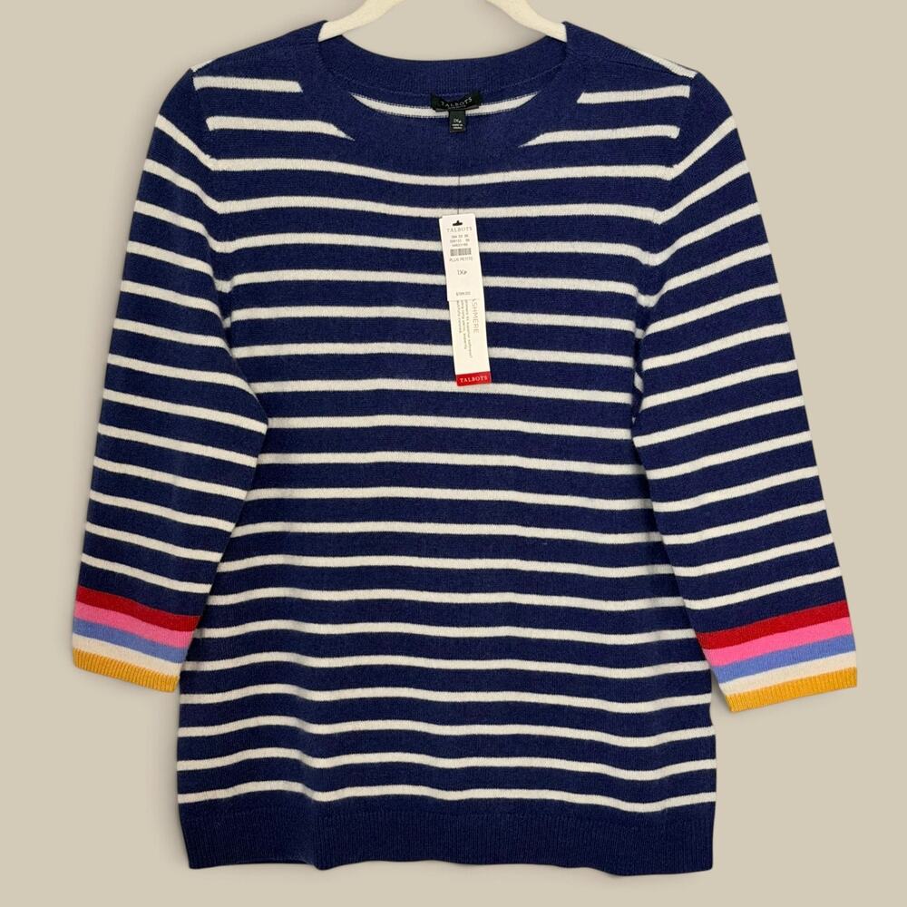 Talbots Audrey Cashmere Sweater Navy Stripe Rainbow Cuffs Plus Petite 1XP NWT